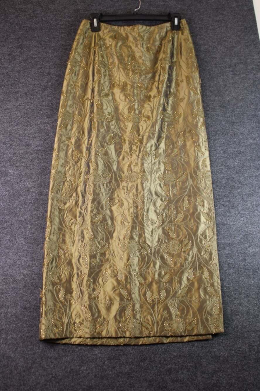 Vintage Chetta B Olive Gold 100% Silk Beaded Brocade Maxi Skirt